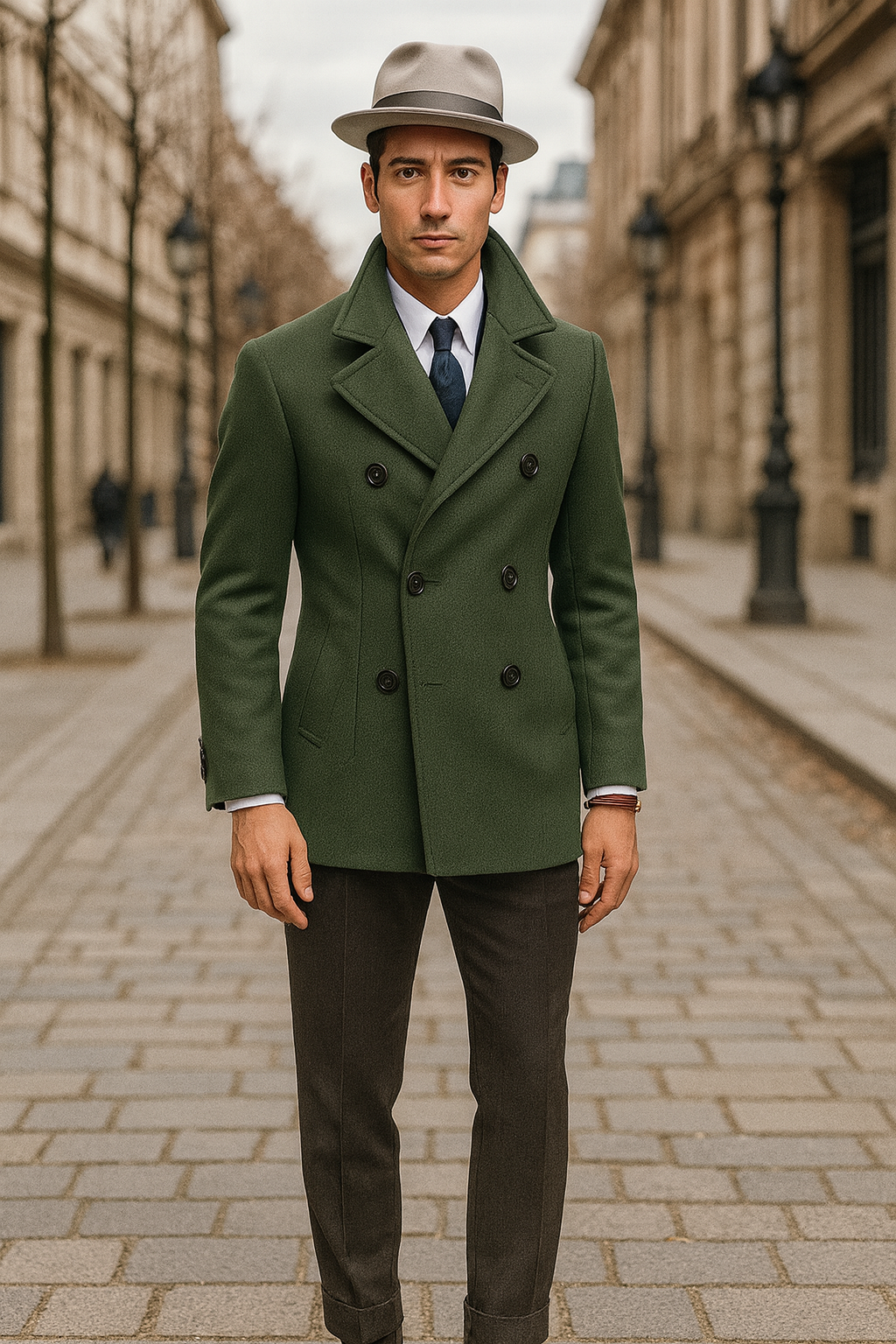 Olive Green Designer men's Wool Peacoat Sale Double Breasted Wool Fabric