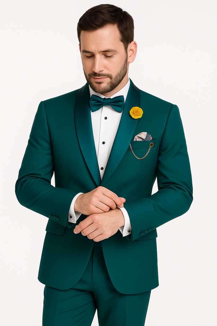 Mens Teal Tuxedo Shawl Collar - Sateen Collar in Teal Blue Color Suit