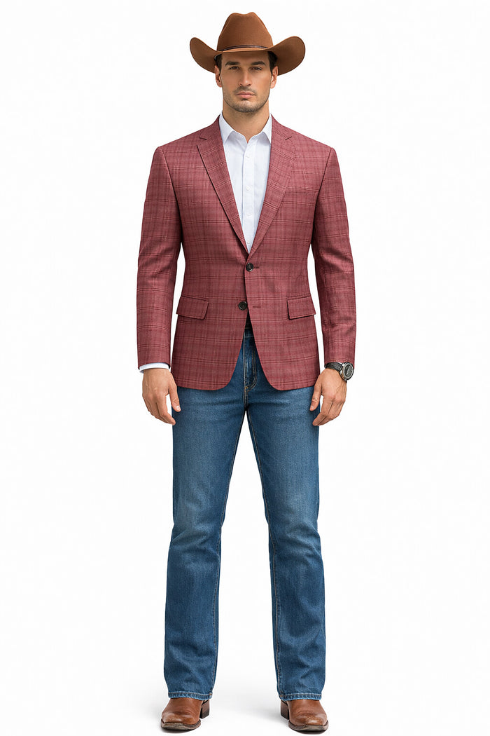 Saco vaquero - Western Sport Coat - Western Blazer  - Men's Two Button Regular Fit Windowpane Mauve Plaid Sport Coat Blazer