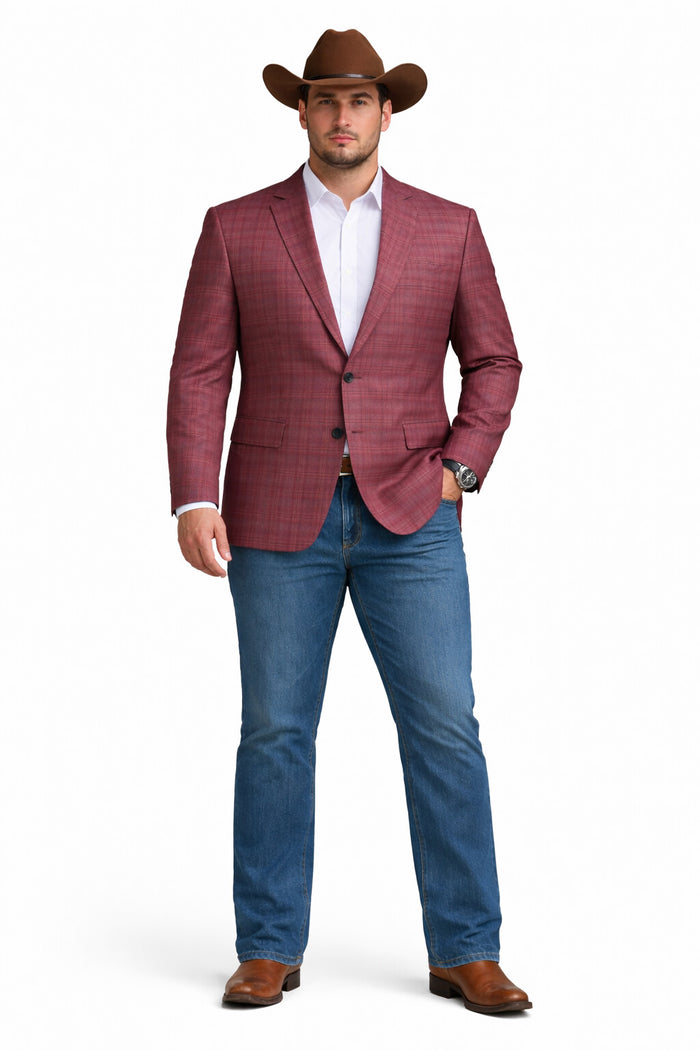 Saco vaquero - Western Sport Coat - Western Blazer  - Men's Two Button Regular Fit Windowpane Mauve Plaid Sport Coat Blazer