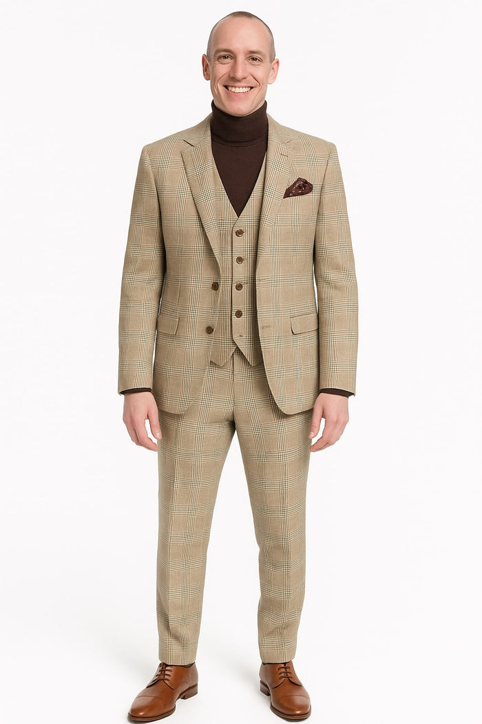 Mens Beige Plaid 3-Piece Suit  Classic Checkered Suit for Weddings, Church Vested Checkered Pattern