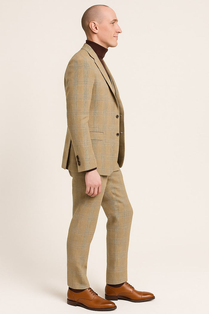 Mens Beige Plaid 3-Piece Suit  Classic Checkered Suit for Weddings, Church Vested Checkered Pattern