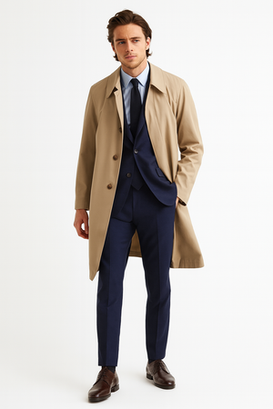 Mens Beige Trench Coat  Classic Long Overcoat with Button Front - Raincoat in Khaki Color