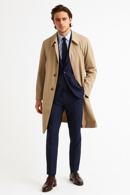 Mens Beige Trench Coat  Classic Long Overcoat with Button Front - Raincoat in Khaki Color