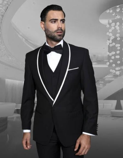 Men's Statement Suits Black 3-Piece Fashion Tuxedo – White Piping Shawl Lapel Wedding, Prom & Formal Dinner Suit