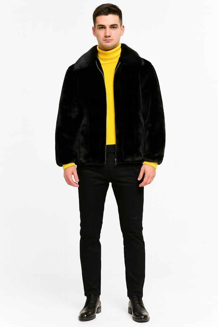 Mens Black Faux Fur Jacket  Luxury Winter Zip-Up Coat with Soft Plush Finish