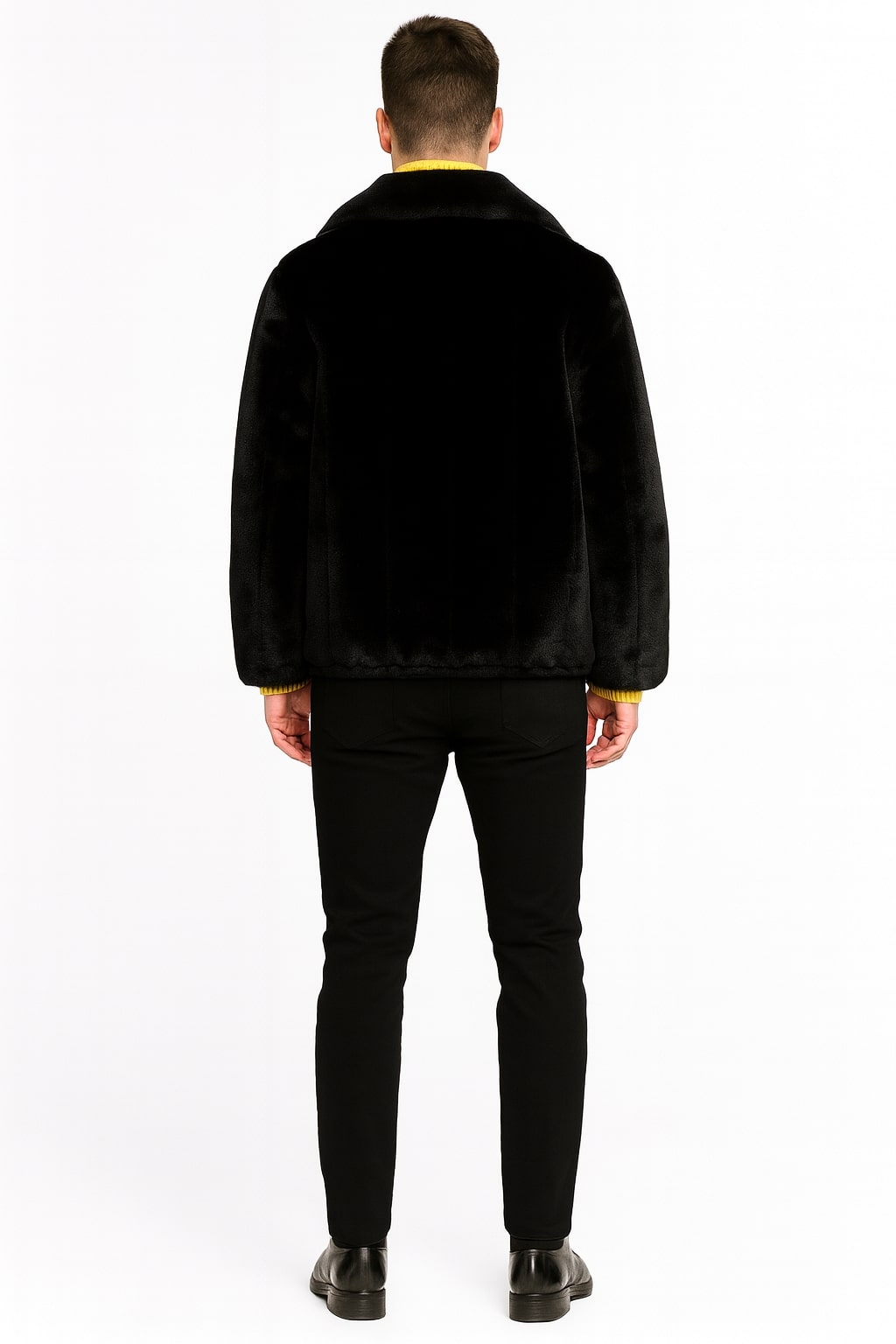 Mens Black Faux Fur Jacket  Luxury Winter Zip-Up Coat with Soft Plush Finish