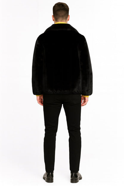 Mens Black Faux Fur Jacket  Luxury Winter Zip-Up Coat with Soft Plush Finish