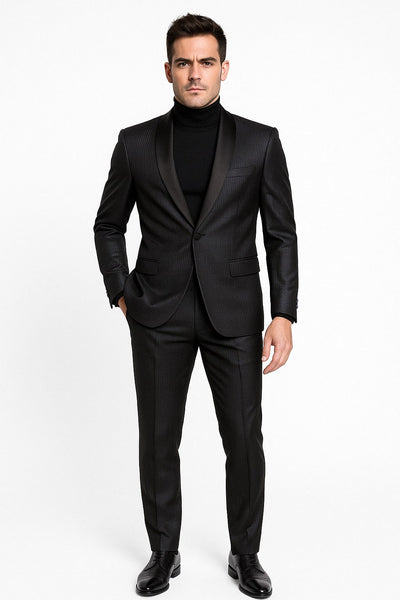 Mens Black Glitter Stripe Tuxedo with Satin Shawl Lapel  Slim Fit Formal Party Suit