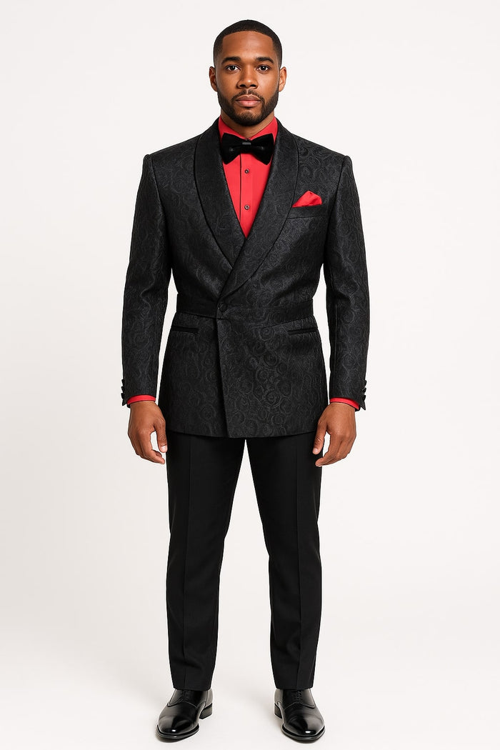Mens Black Paisley Tuxedo Jacket with  Elegant Formalwear Smoking Jacket