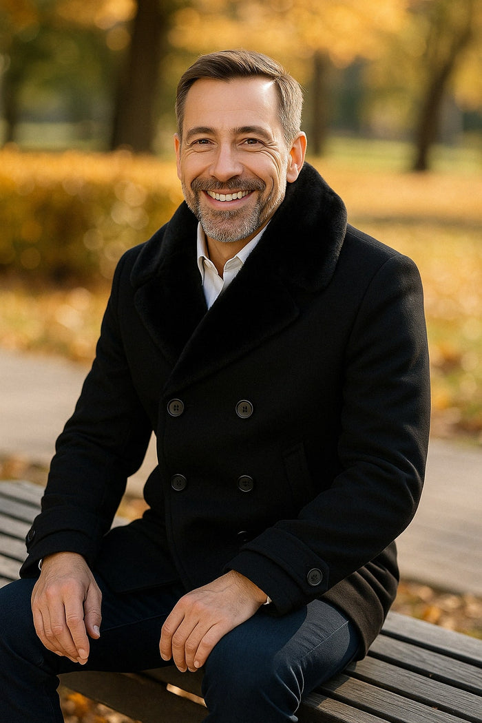 Mens Black Peacoat Wool Overcoat with Faux Fur Shawl Collar  Double-Breasted Winter Peacoat