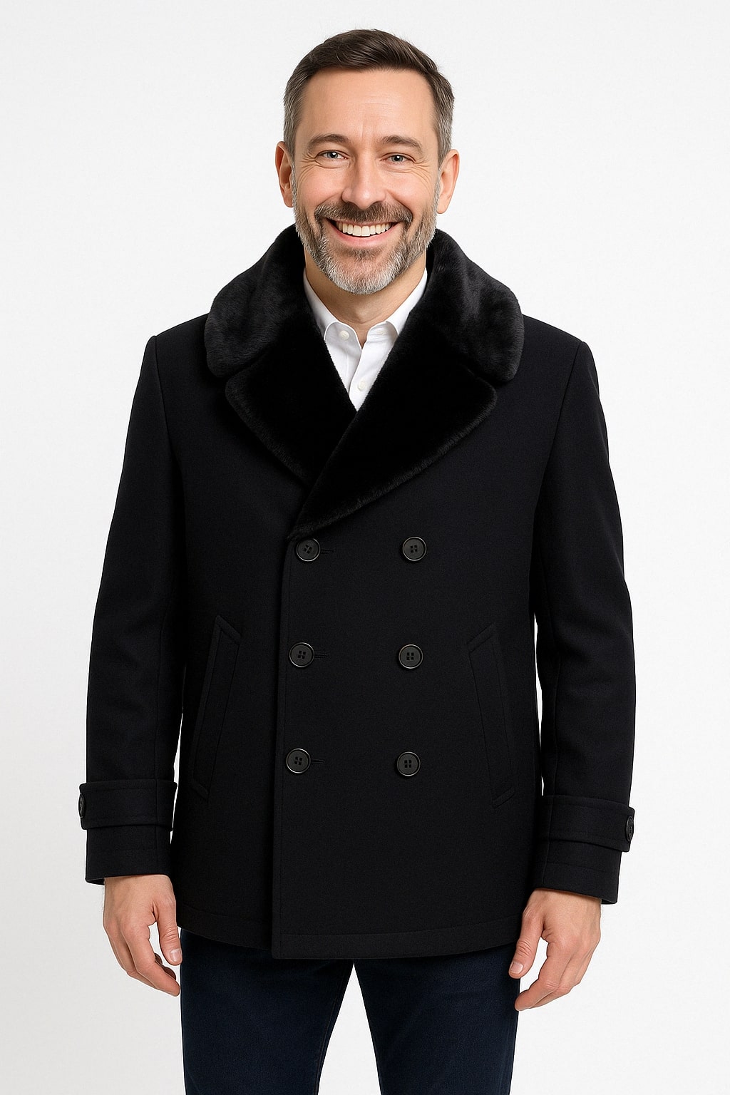 Coat Mens Black Peacoat Wool Overcoat with Faux Fur Shawl Collar