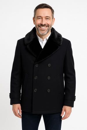 Mens Black Peacoat Wool Overcoat with Faux Fur Shawl Collar  Double-Breasted Winter Peacoat