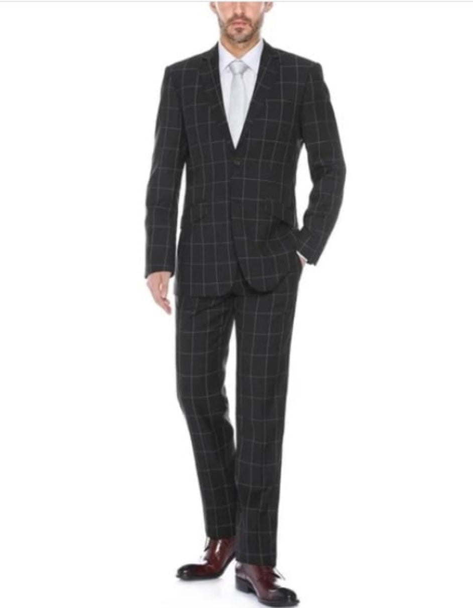 Men's Black Plaid Pattern Slim Fits Polyester Blend Checkered Suits