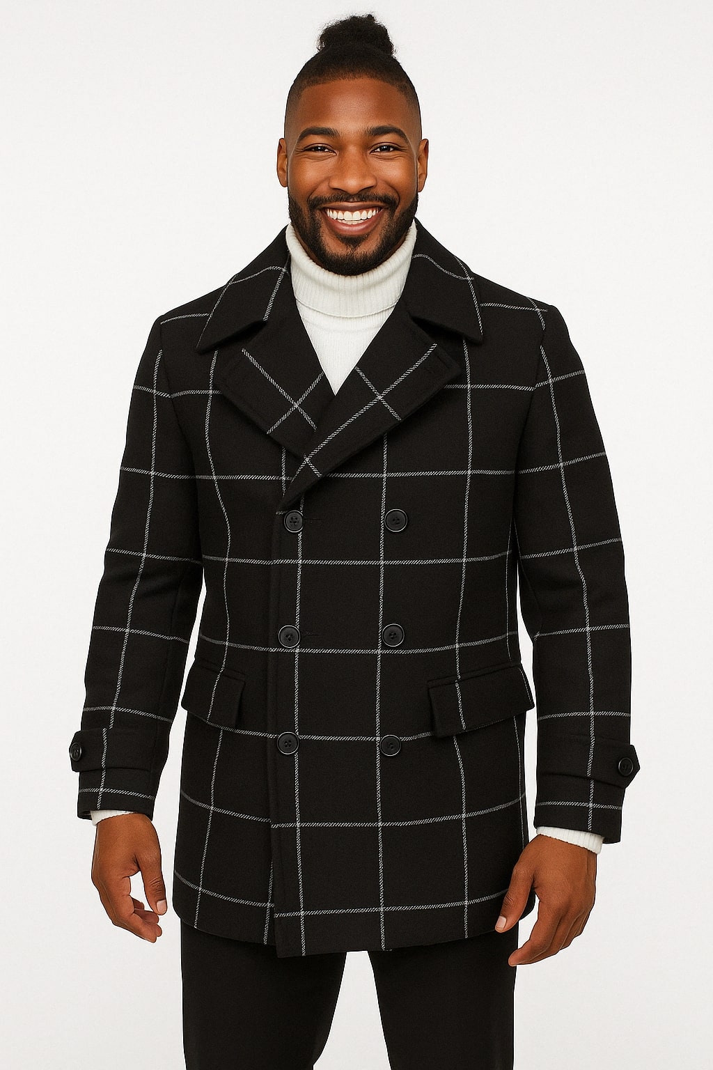 Mens Black Windowpane Check Wool Overcoat  Double-Breasted Winter Peacoat