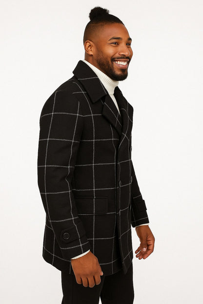 Mens Black Windowpane Check Wool Overcoat  Double-Breasted Winter Peacoat
