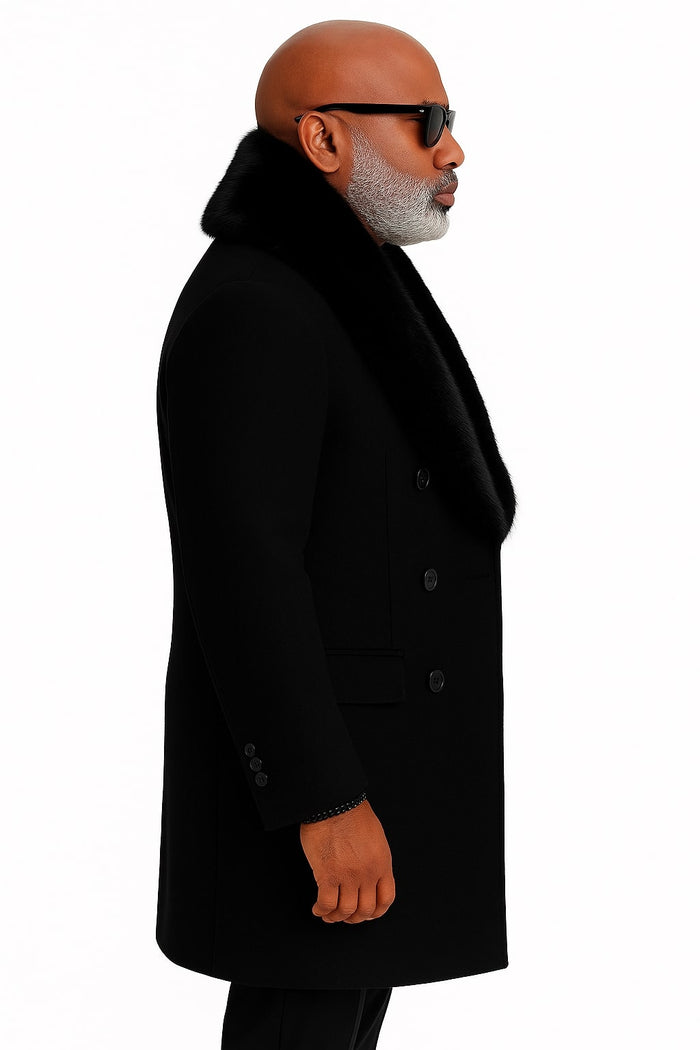 Mens Black Double-Breasted Overcoat with Oversized Faux Fur Collar  Winter Luxury Coat