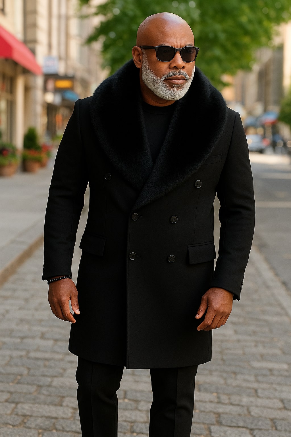 Mens Black Double-Breasted Overcoat with Oversized Faux Fur Collar  Winter Luxury Coat