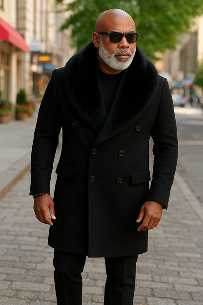 Mens Black Double-Breasted Overcoat with Oversized Faux Fur Collar  Winter Luxury Coat