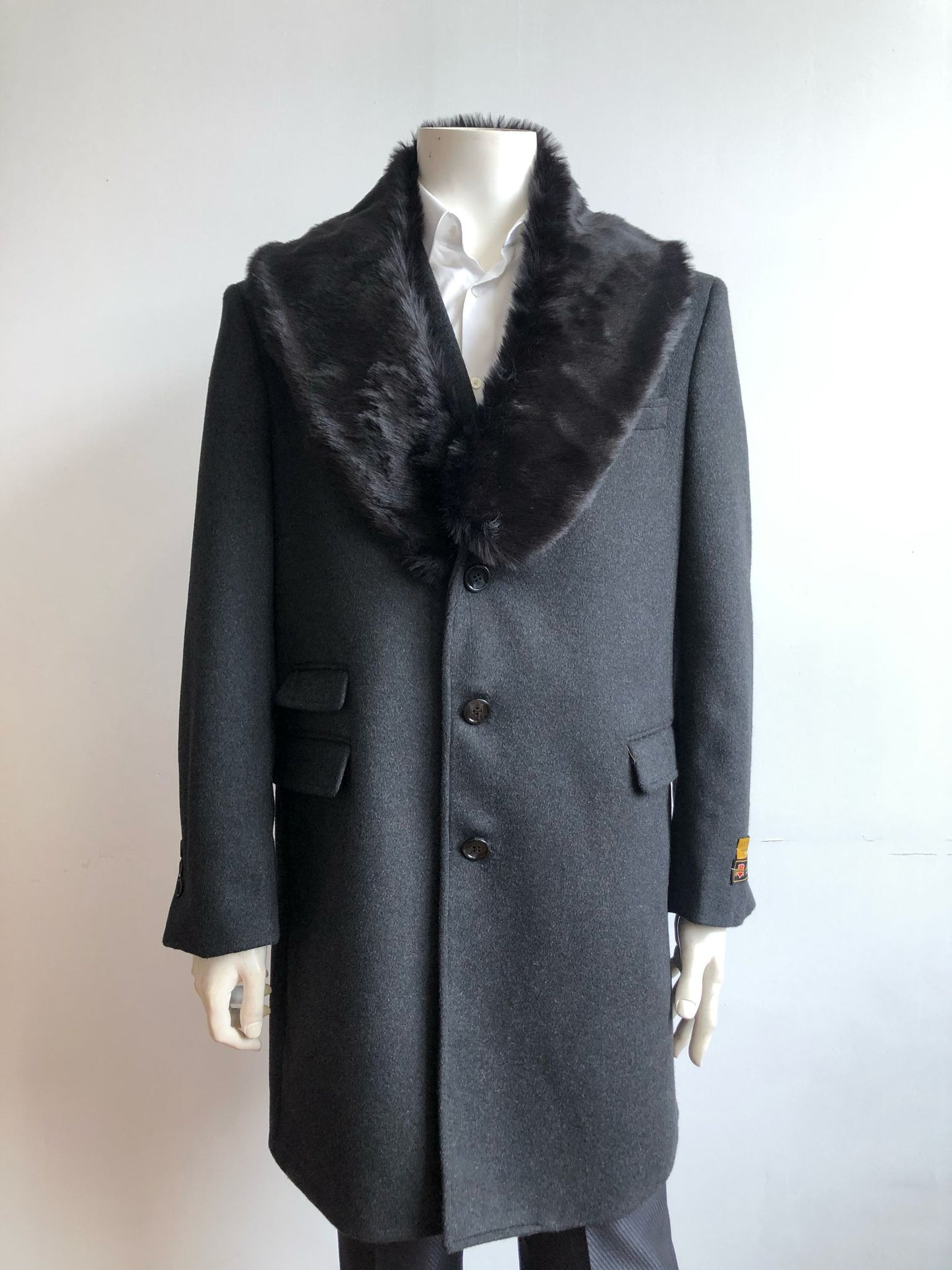 Mens Black Wool Overcoat with Black Faux Fur Collar  Luxury Winter Dress Coat