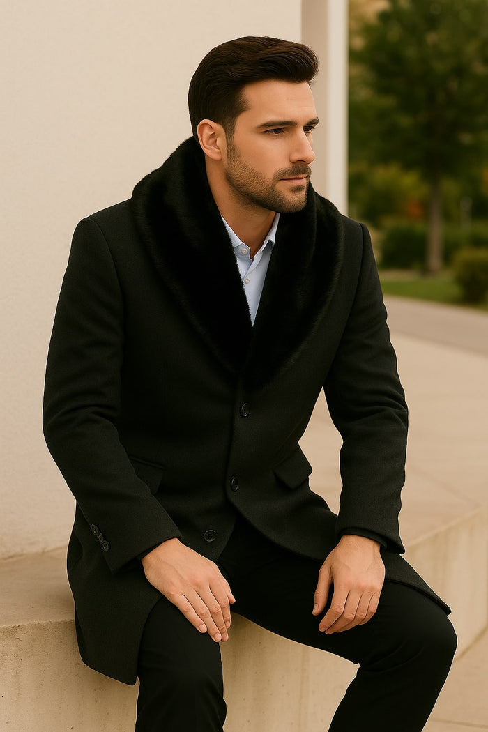Mens Black Wool Overcoat with Black Faux Fur Collar  Luxury Winter Dress Coat