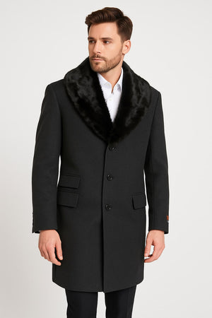 Mens Black Wool Overcoat with Black Faux Fur Collar  Luxury Winter Dress Coat