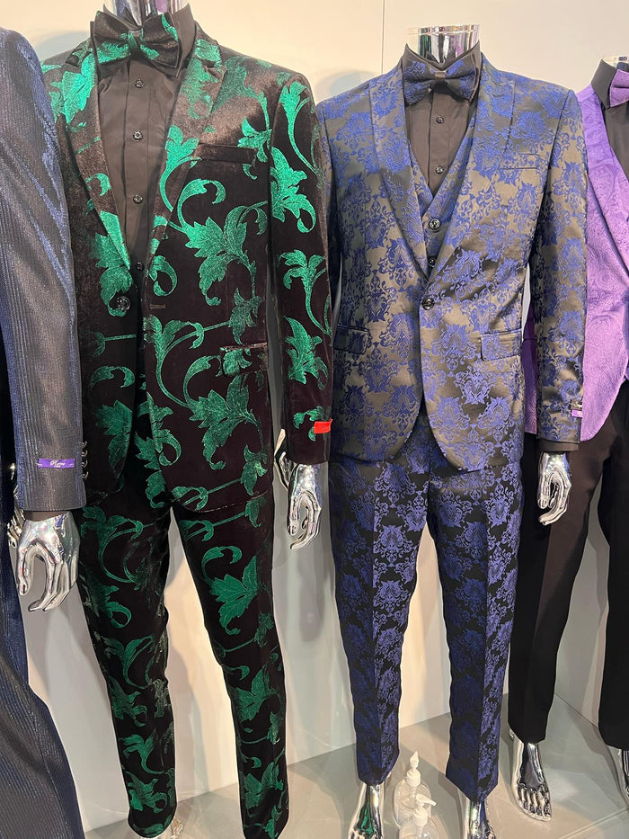 Mens Black and Emerald Green Velvet Floral Tuxedo Suit  Slim Fit 2 Piece Formalwear for Weddings and Events Slim Fitted