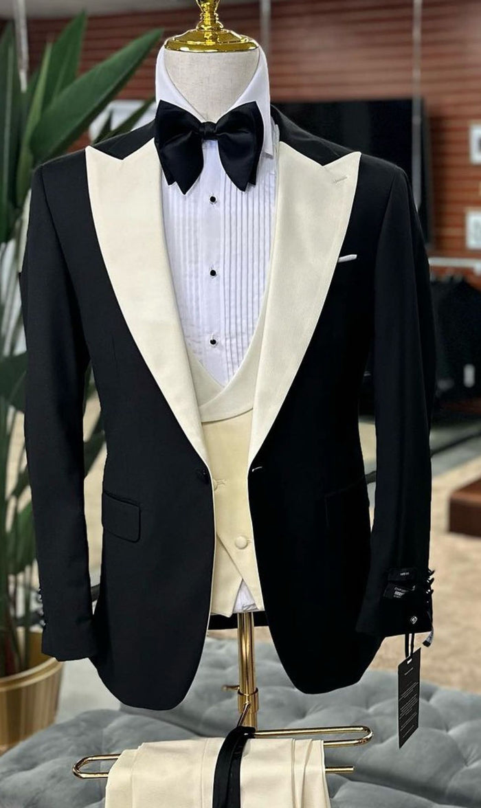 Mens Black and Ivory Tuxedo with Wide Shawl Lapel  3 Piece Black and off White Lapel ! Vested Suit
