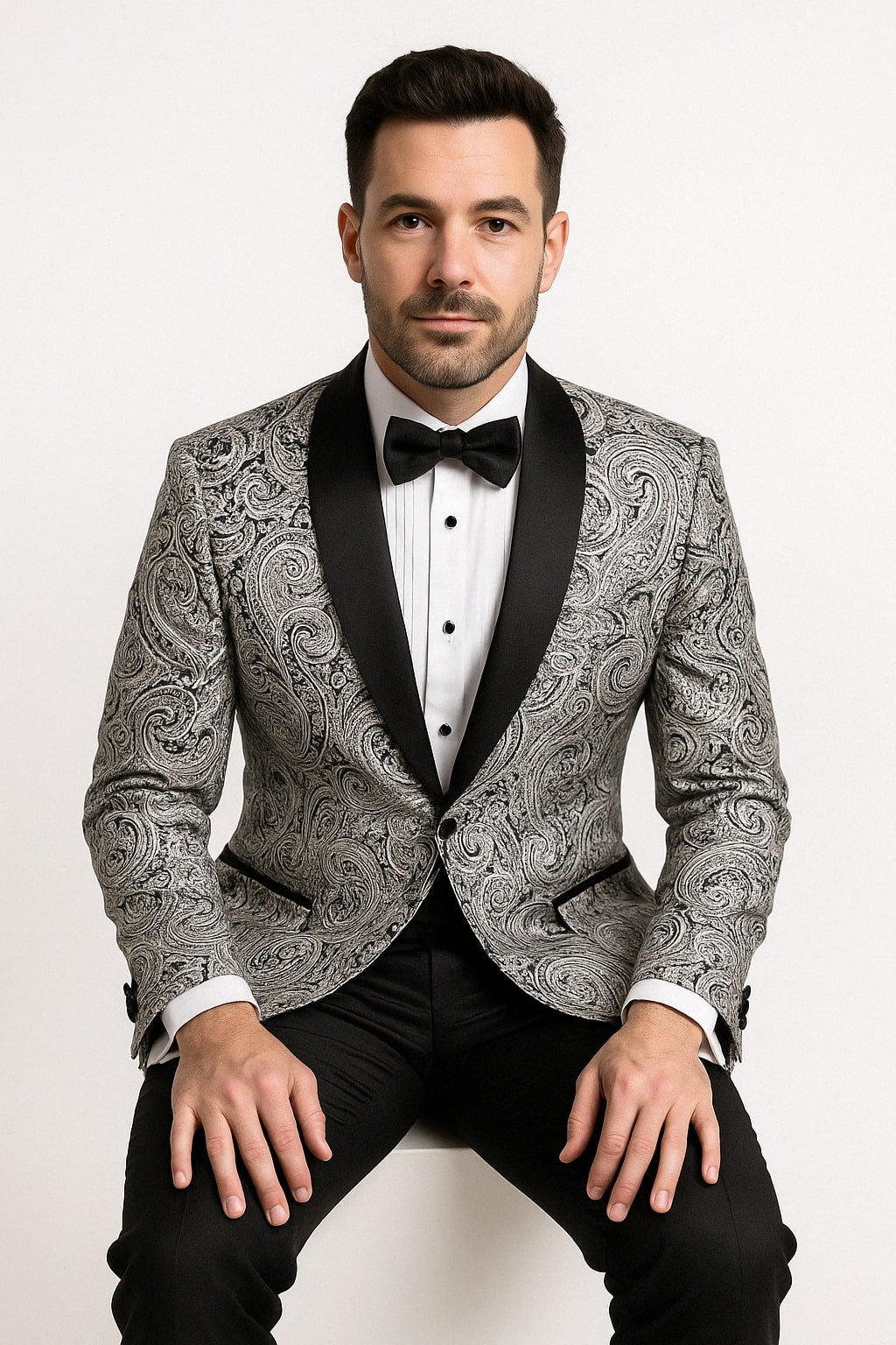 Mens Black and Silver Paisley Tuxedo with Satin Lapel and Bow Tie  Formal Party Suit