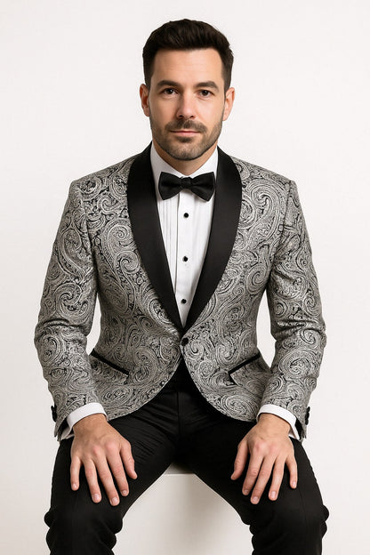 Mens Black and Silver Paisley Tuxedo with Satin Lapel and Bow Tie  Formal Party Suit