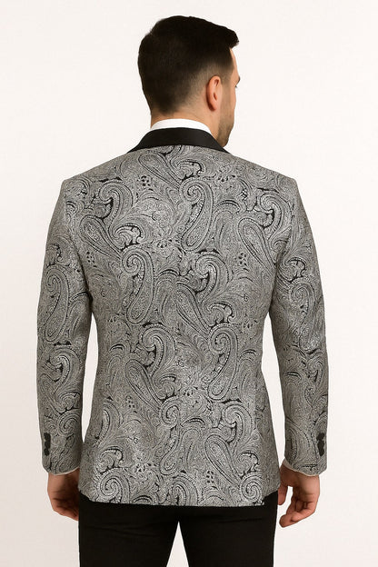 Mens Black and Silver Paisley Tuxedo with Satin Lapel and Bow Tie  Formal Party Suit