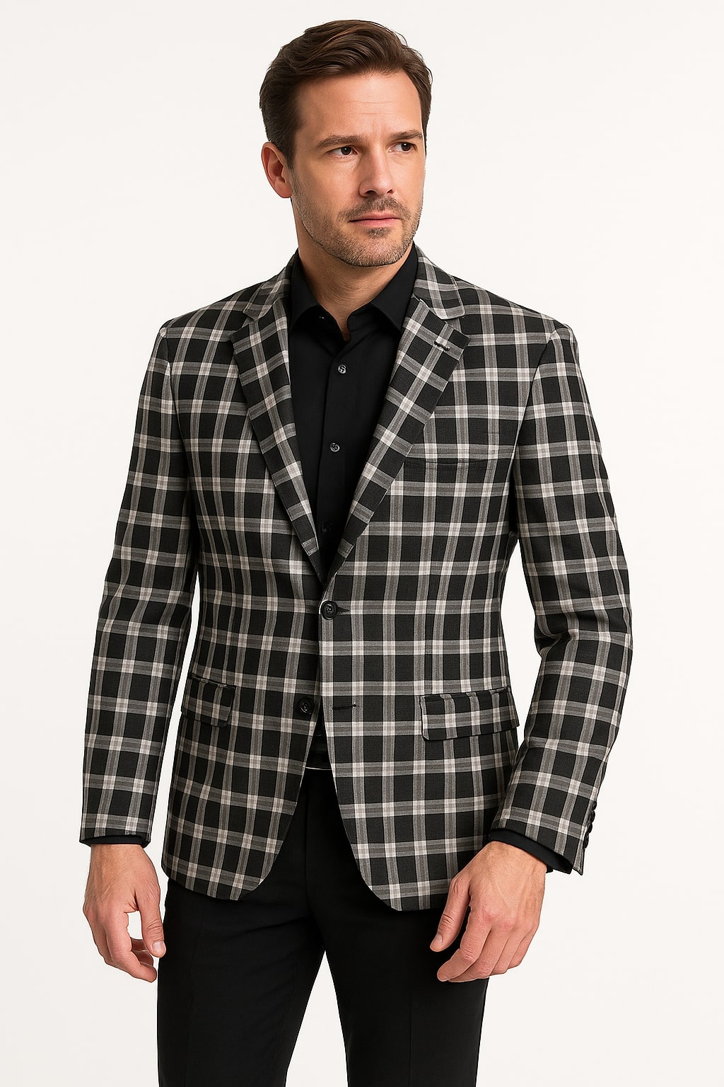 Mens Black and White Plaid Blazer  Modern Fit Checkered Windowpane Pattern Business Sport Coat