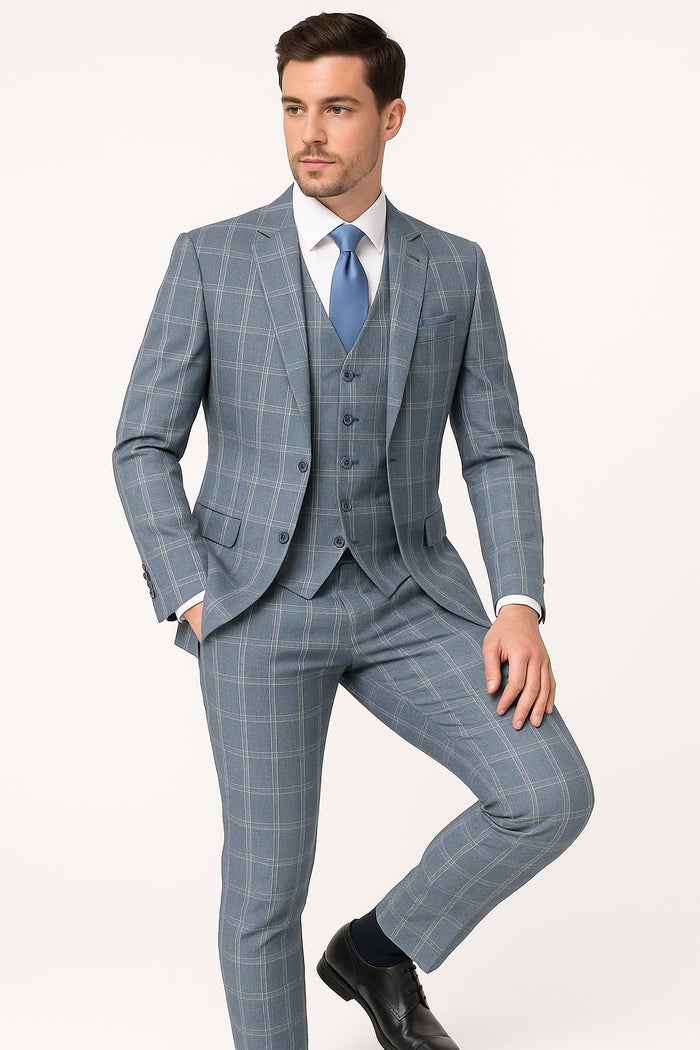 Mens Blue Windowpane Checkered Slim Fit Suit  3 Piece Stretch Business Suit