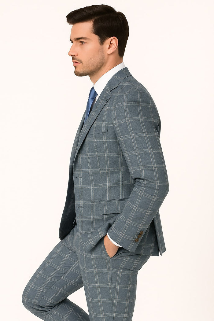 Mens Blue Windowpane Checkered Slim Fit Suit  3 Piece Stretch Business Suit