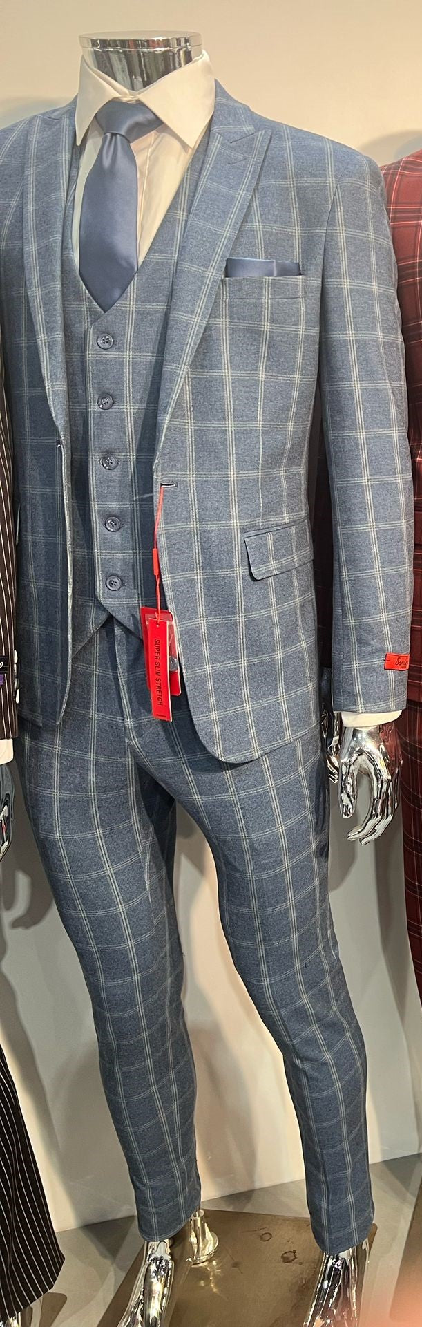 Mens Blue Windowpane Checkered Slim Fit Suit  3 Piece Stretch Business Suit