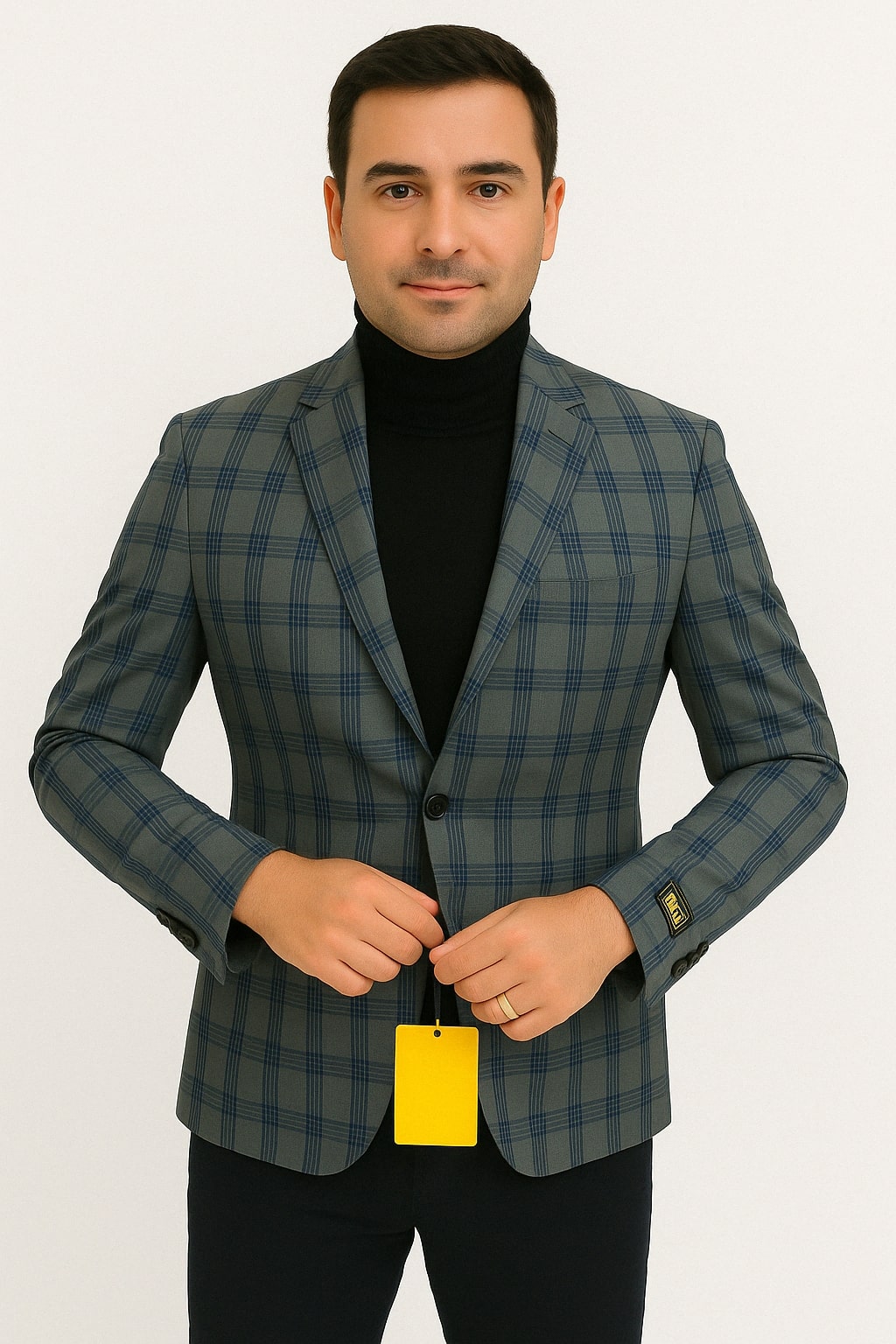 Mens Blue and Grey Windowpane Plaid Blazer   Casual Sport Coat