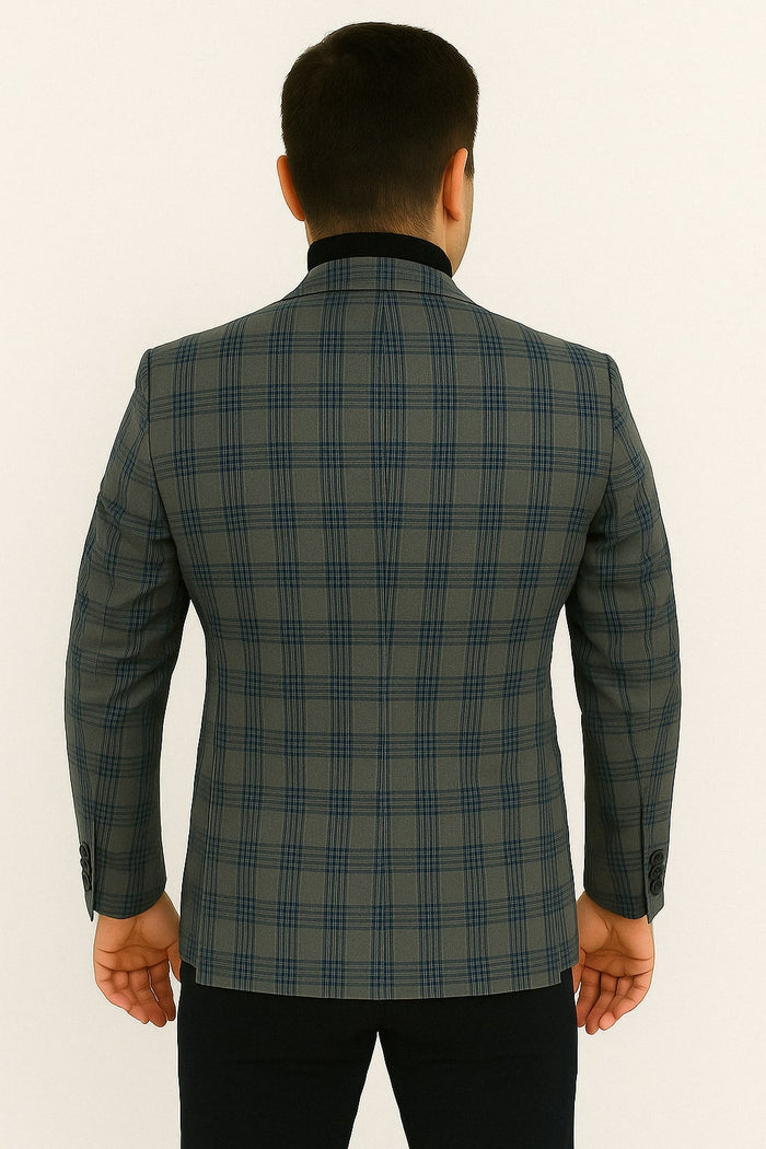 Mens Blue and Grey Windowpane Plaid Blazer   Casual Sport Coat