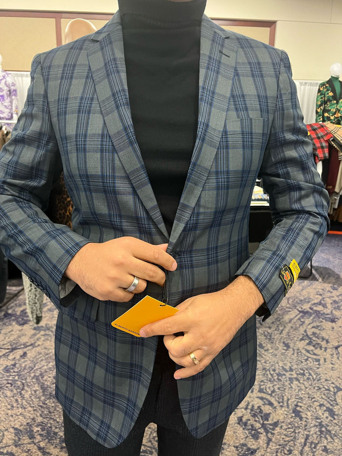 Mens Blue and Grey Windowpane Plaid Blazer   Casual Sport Coat