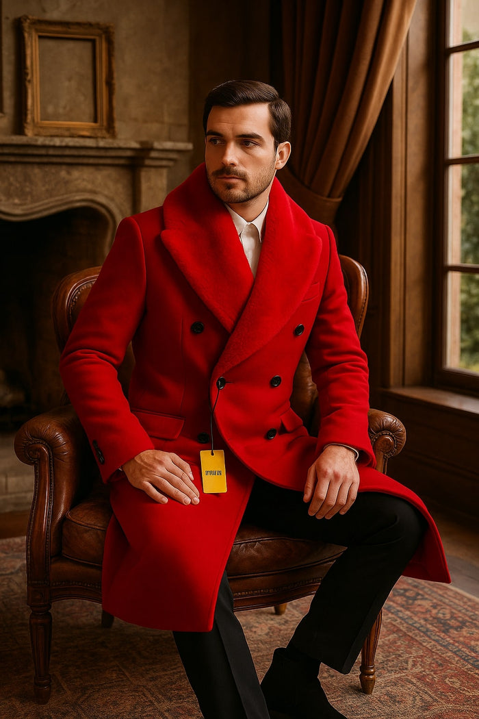 Mens Double Breasted Red Overcoat with Bold Red Faux Fur Collar  Alberto Nardoni Luxury Winter Coat