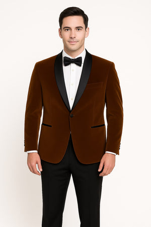 Mens Brown Velvet Tuxedo with Black Satin Shawl Lapel  One Button Formal Suit Jacket