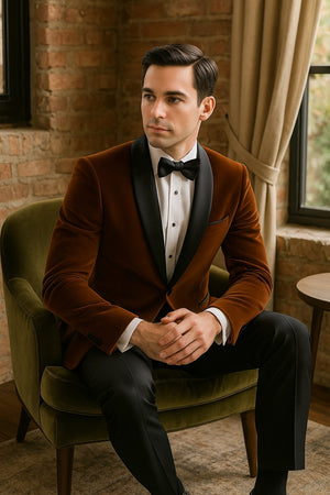 Mens Brown Velvet Tuxedo with Black Satin Shawl Lapel  One Button Formal Suit Jacket