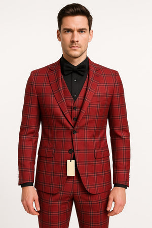 Mens Burgundy Plaid Three-Piece Suit  Ultra Slim Fit Checkered Windowpane Redish 544-10