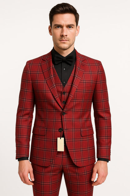 Mens Burgundy Plaid Three-Piece Suit  Ultra Slim Fit Checkered Windowpane Redish 544-10