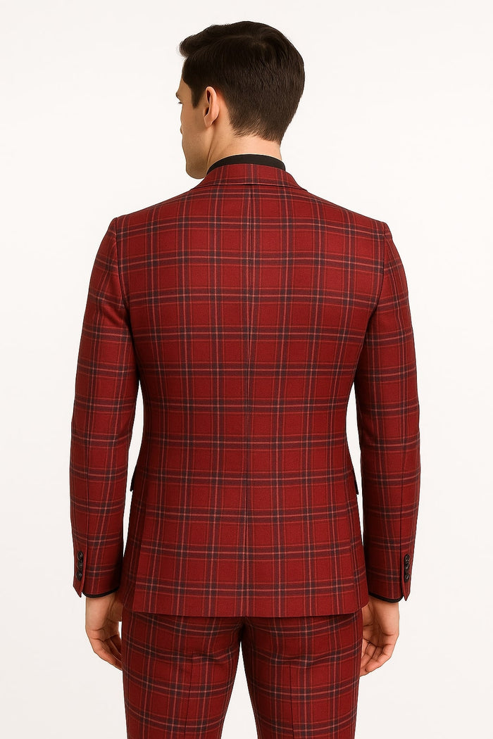 Mens Burgundy Plaid Three-Piece Suit  Ultra Slim Fit Checkered Windowpane Redish 544-10