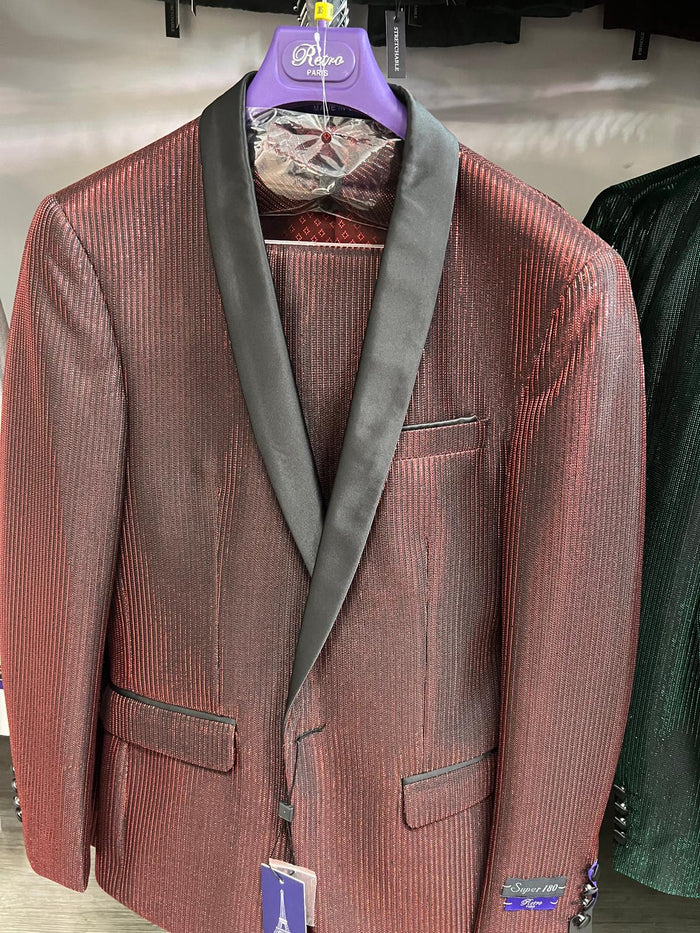 Mens Burgundy Shiny Stripe Tuxedo Jacket  Slim Fit Satin Lapel Dinner Blazer for Formal Events