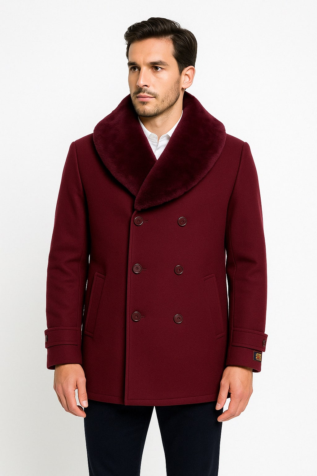 Mens Burgundy Double-Breasted Overcoat with Faux Fur Shawl Collar  Slim Fit Peacoat - Alberto Nardoni Signature