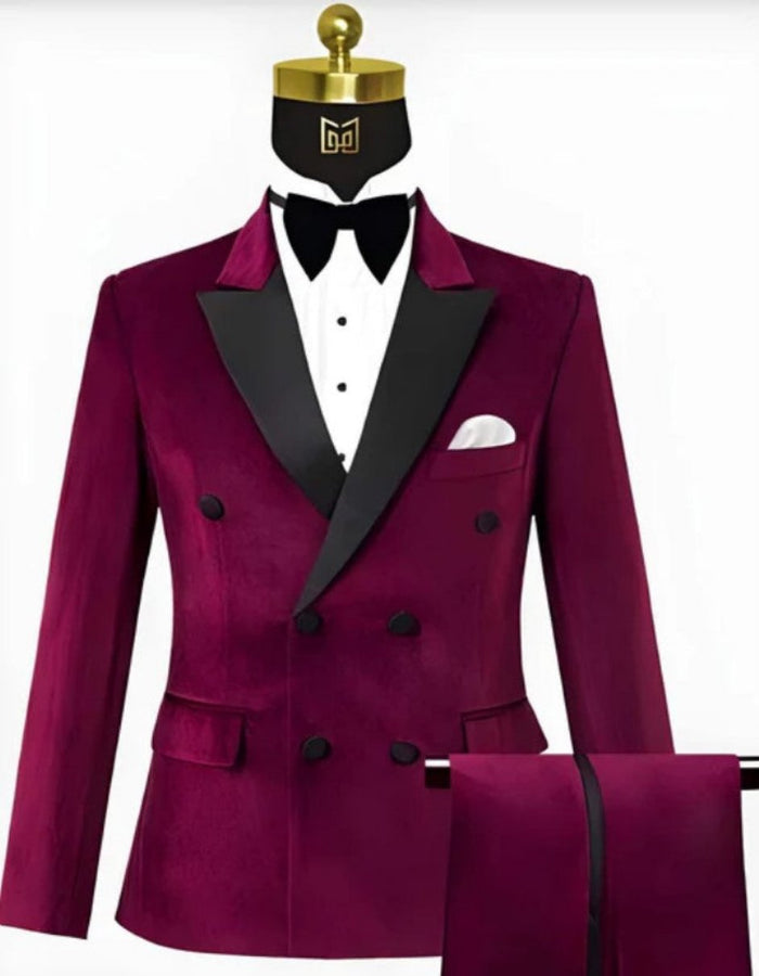 Men's Wine Velvet Tuxedo - Velvet Suits Double Breasted Tuxedo Suits - Slim Fit