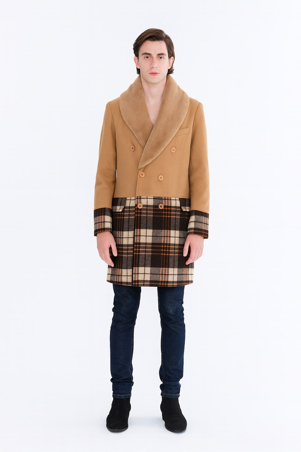 Mens Camel Brown Shawl Collar Overcoat with Plaid Wool Bottom  Double-Breasted Winter Topcoat With Fur Collar
