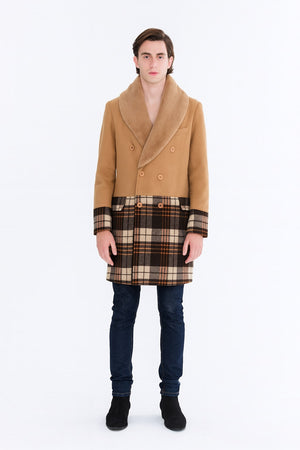 Mens Camel Brown Shawl Collar Overcoat with Plaid Wool Bottom  Double-Breasted Winter Topcoat With Fur Collar