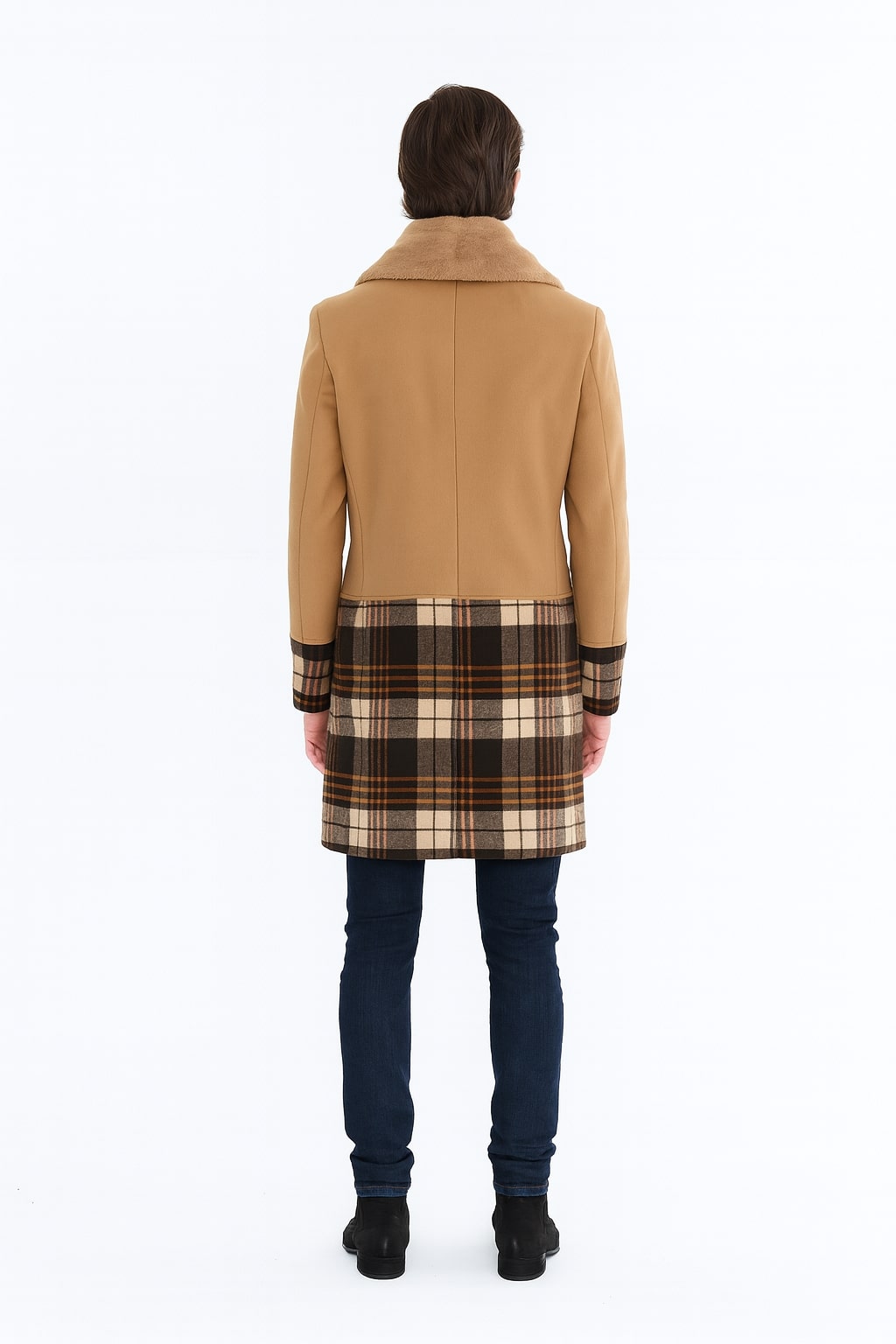 Mens Camel Brown Shawl Collar Overcoat with Plaid Wool Bottom  Double-Breasted Winter Topcoat With Fur Collar